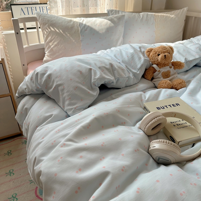 91家纺网 家纺一手货源 找家纺 顾里家纺 2025新款简约小资系列云感双层纱四件套 蓝粉樱桃