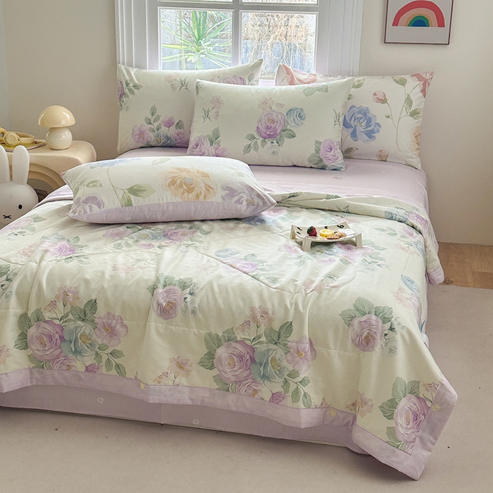 91家纺网 家纺一手货源 找家纺 瑜珠家纺 2025新款里外全棉棉花夏被 假日玫瑰