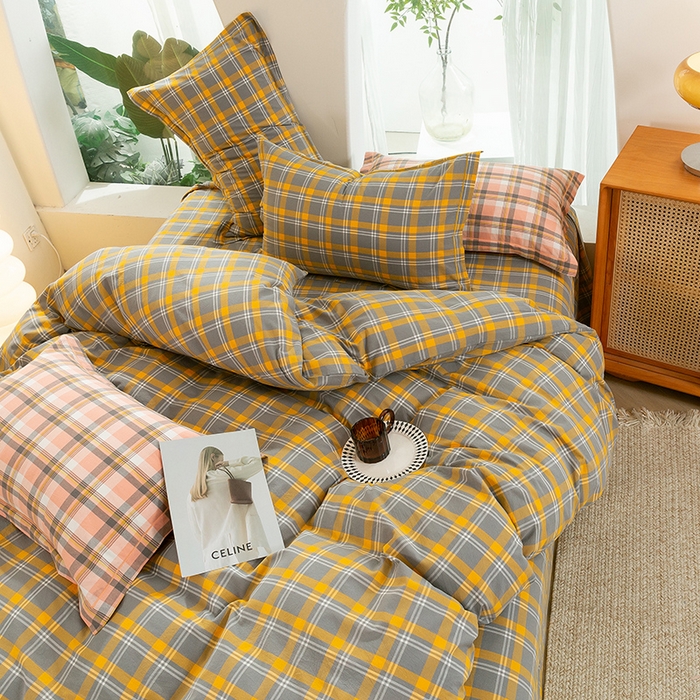 91家纺网 家纺一手货源 找家纺 喜四方 2025新款全棉色织水洗棉四件套 夏威夷（ 黄）