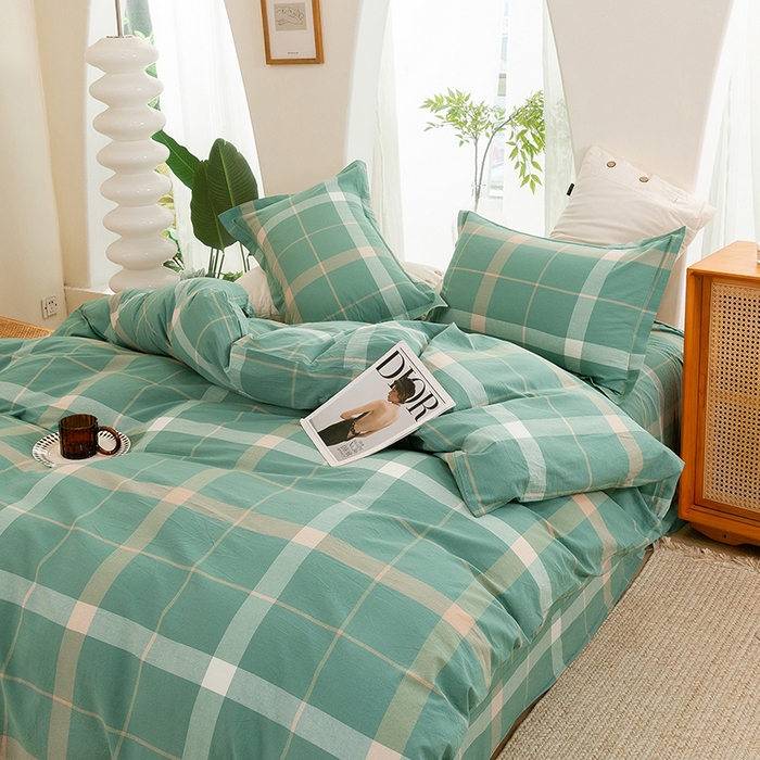 91家纺网 家纺一手货源 找家纺 喜四方 2025新款全棉色织水洗棉四件套 悠然大格（绿）