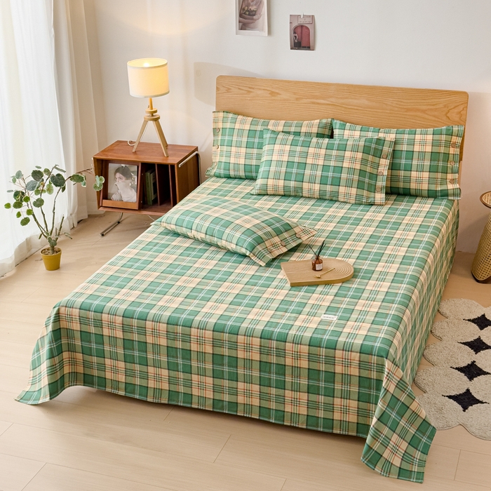 91家纺网 家纺一手货源 找家纺 仟网汇 2025新款活性印染无印纽扣原棉老粗布三件套 绿小格