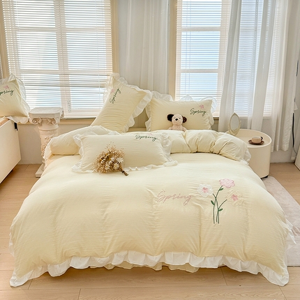 91家纺网 家纺一手货源 找家纺 家贝爱 2025新款花边刺绣四件套繁朵系列 繁朵-黄