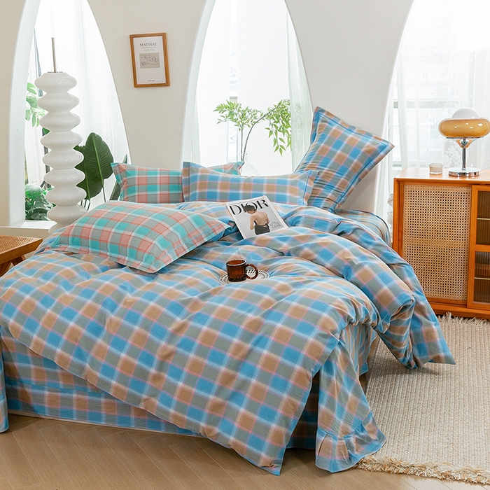 91家纺网 家纺一手货源 找家纺 喜四方 2025新款全棉色织水洗棉四件套 思域（蓝）