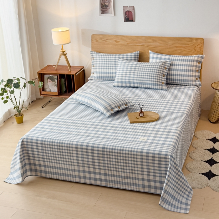 91家纺网 家纺一手货源 找家纺 仟网汇 2025新款活性印染无印纽扣原棉老粗布三件套 蓝白格