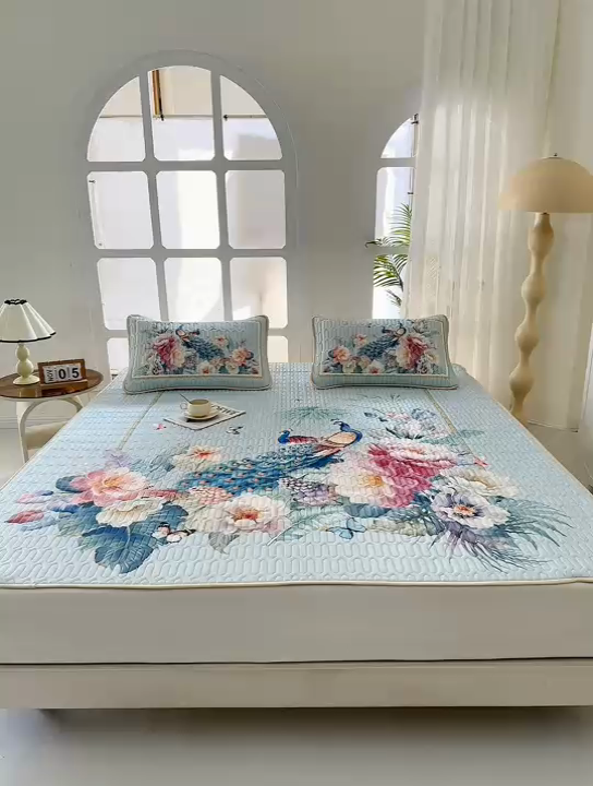 91家纺网 家纺一手货源 找家纺 美丽折2025新品6mm厚天然乳胶凉席三件套 大版印花卡通乳胶凉席平铺款 雀舞轻扬