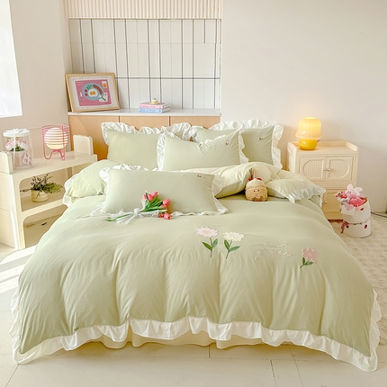 91家纺网 家纺一手货源 找家纺 家贝爱 2025新款花边刺绣玉颜系列四件套 玉颜-青