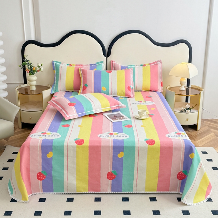 91家纺网 家纺一手货源 找家纺 仟网汇 2025全棉老粗布蕾丝花边三件套（无纺布手提包装） 彩虹