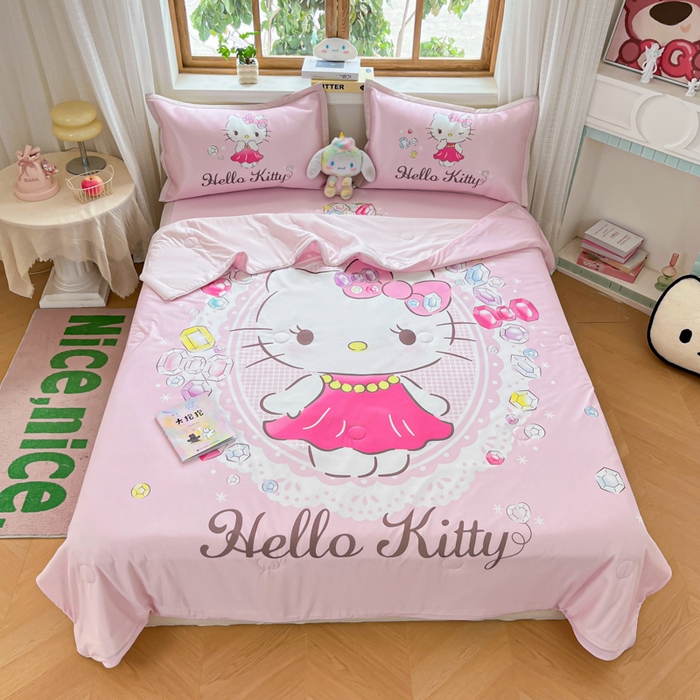 91家纺网 家纺一手货源 找家纺 博雅 2025新款 三丽鸥凉感丝夏被冰丝凉席组合四件套 花花KT