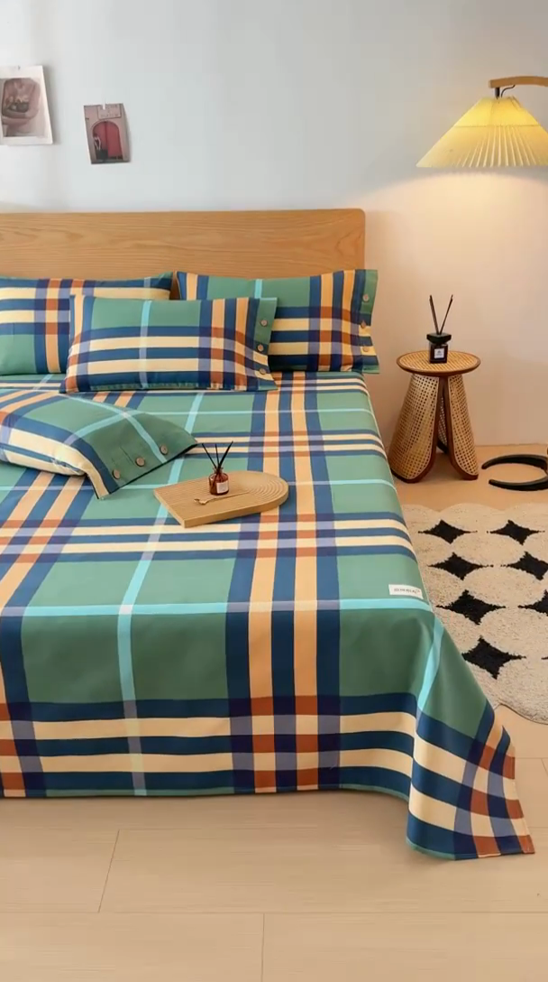 91家纺网 家纺一手货源 找家纺 仟网汇 2025新款活性印染无印纽扣原棉老粗布三件套 立体绿