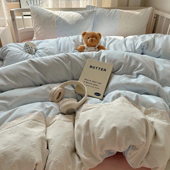 91家纺网 家纺一手货源 找家纺 顾里家纺 2025新款简约小资系列云感双层纱四件套 蓝粉樱桃