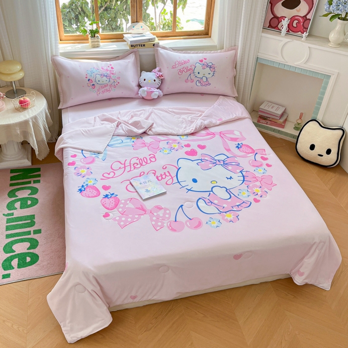 91家纺网 家纺一手货源 找家纺 博雅 2025新款 三丽鸥凉感丝夏被冰丝凉席组合四件套 甜心KT