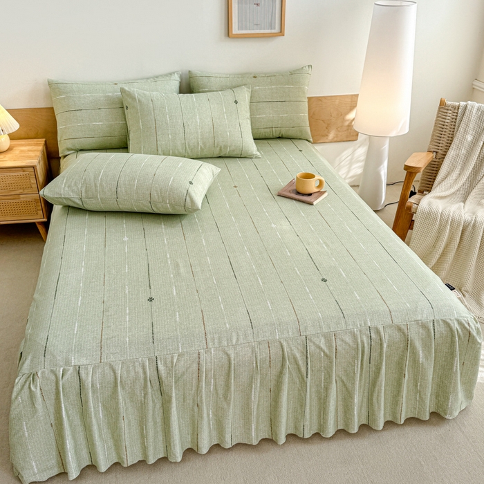 91家纺网 家纺一手货源 找家纺 布柔 2025新款100%全棉纯棉老粗布绣花印花凉席单品床裙 格林绿