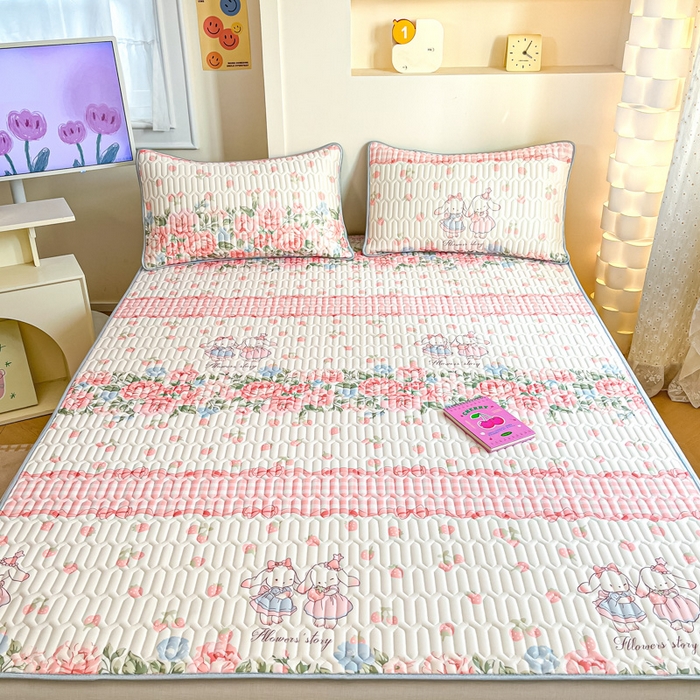 91家纺网 家纺一手货源 找家纺 柒月家居 2025新款小清新乳胶凉席 粉系花园