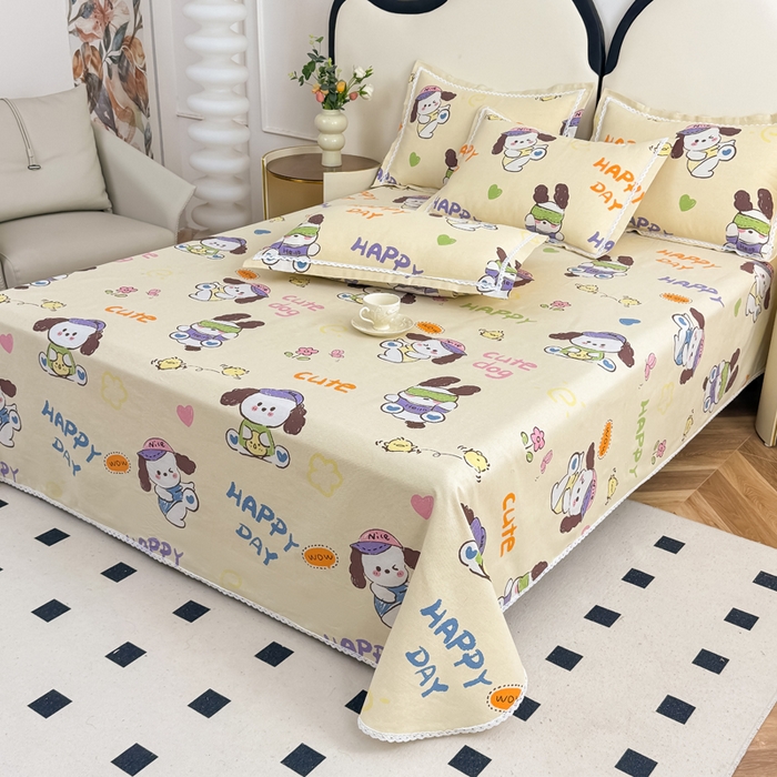 91家纺网 家纺一手货源 找家纺 仟网汇 2025全棉老粗布蕾丝花边三件套（无纺布手提包装） 快乐小狗