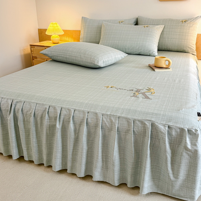 91家纺网 家纺一手货源 找家纺 布柔 2025新款100%全棉纯棉老粗布绣花印花凉席单品床裙 米多绿