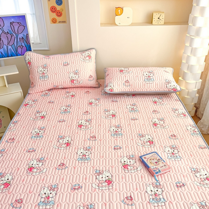 91家纺网 家纺一手货源 找家纺 柒月家居 2025新款小清新乳胶凉席 粉色猫咪