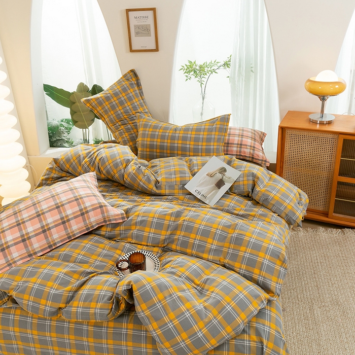 91家纺网 家纺一手货源 找家纺 喜四方 2025新款全棉色织水洗棉四件套 夏威夷（ 黄）