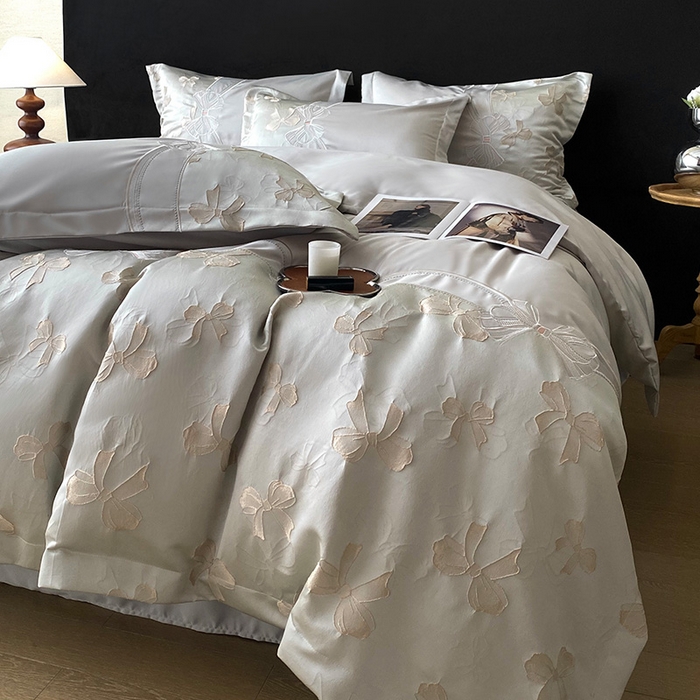 91家纺网 家纺一手货源 找家纺 优悦生活馆 2025新款冰丝浮雕绣花四件套 暮光之城-灰绿