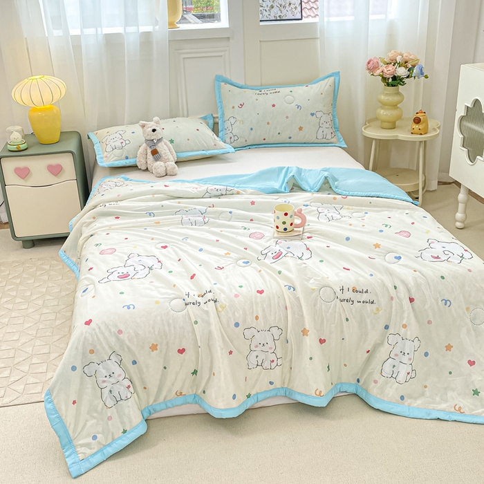 91家纺网 家纺一手货源 找家纺 顺顺家纺 2025新款凉感丝印花夏被空调被 快乐小狗