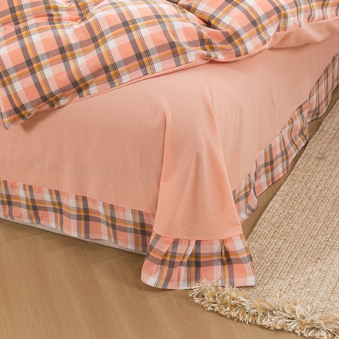 91家纺网 家纺一手货源 找家纺 喜四方 2025新款全棉色织水洗棉四件套 格丽（桔）