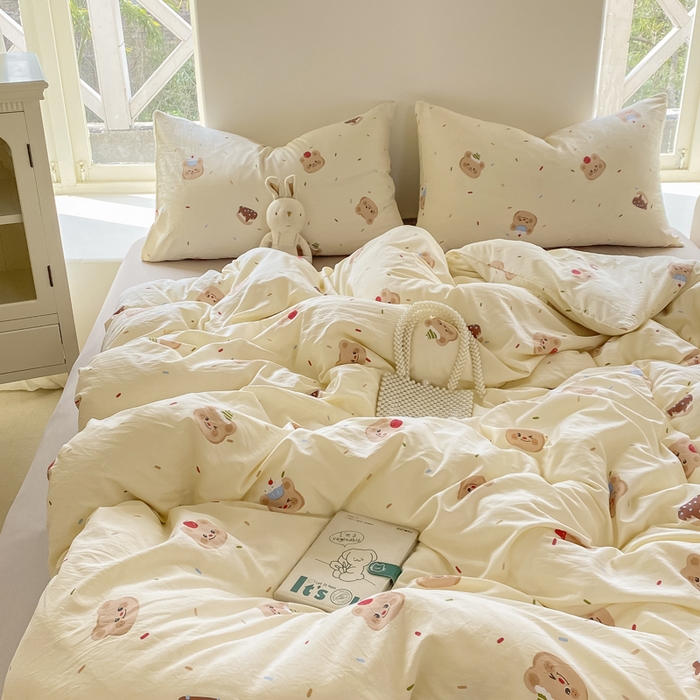 91家纺网 家纺一手货源 找家纺 【提供买家秀】2025直播云感皱皱棉四件套水洗棉简约风小碎花被套床笠三件套-平铺图 蛋糕熊