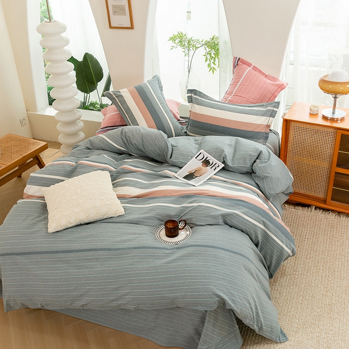 91家纺网 家纺一手货源 找家纺 喜四方 2025新款全棉色织水洗棉四件套 格林（灰）