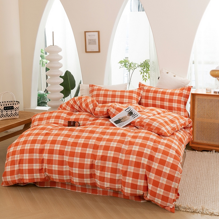 91家纺网 家纺一手货源 找家纺 喜四方 2025新款全棉色织水洗棉四件套 罗兰（桔）