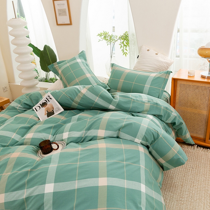 91家纺网 家纺一手货源 找家纺 喜四方 2025新款全棉色织水洗棉四件套 悠然大格（绿）