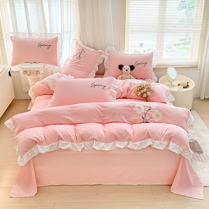 91家纺网 家纺一手货源 找家纺 家贝爱 2025新款花边刺绣四件套繁朵系列 繁朵-粉