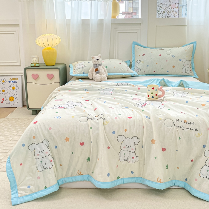 91家纺网 家纺一手货源 找家纺 顺顺家纺 2025新款凉感丝印花夏被空调被 快乐小狗