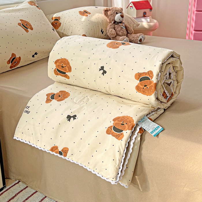 91家纺网 家纺一手货源 找家纺 妖妖家纺 2025新款超柔双层纱糯糯针织棉夏凉被四件套 呆萌泰迪