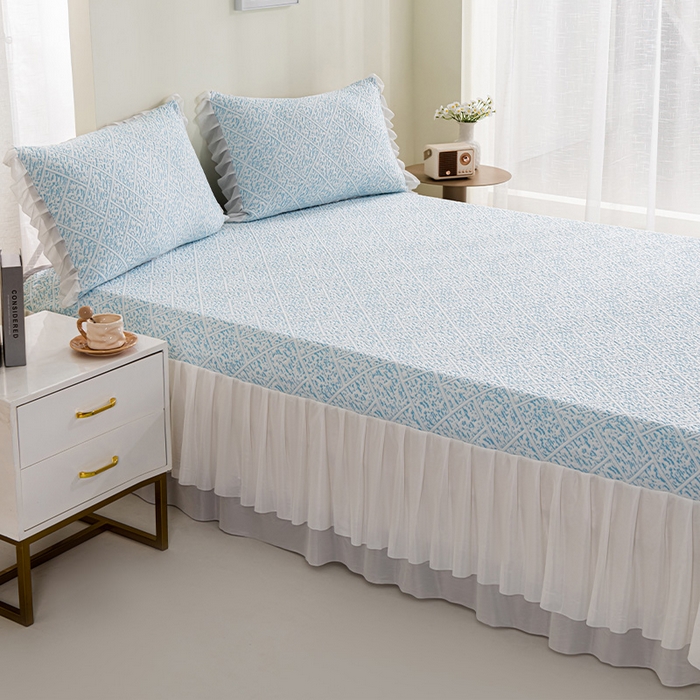 91家纺网 家纺一手货源 找家纺 鑫姿 2025新款5A抗菌凉席床裙款-雅致系列 雅致床裙款-冰浅蓝