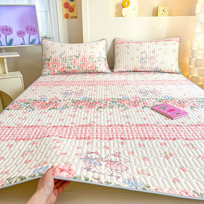 91家纺网 家纺一手货源 找家纺 柒月家居 2025新款小清新乳胶凉席 粉系花园