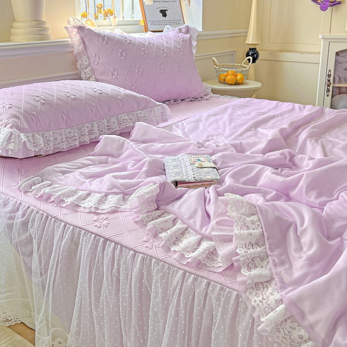 91家纺网 家纺一手货源 找家纺 创爱家纺 2025新款3D提花冰豆豆床裙款凉席夏被四件套 冰豆豆-紫