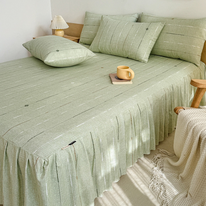 91家纺网 家纺一手货源 找家纺 布柔 2025新款100%全棉纯棉老粗布绣花印花凉席单品床裙 格林绿