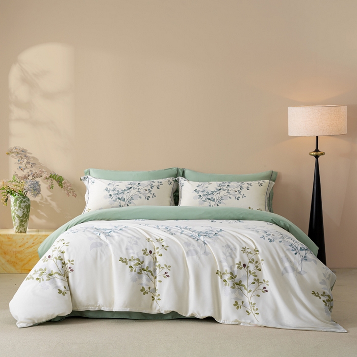 91家纺网 家纺一手货源 找家纺 帅露家纺 2025新款50S莱赛尔天丝印花四件套 娇花弄影