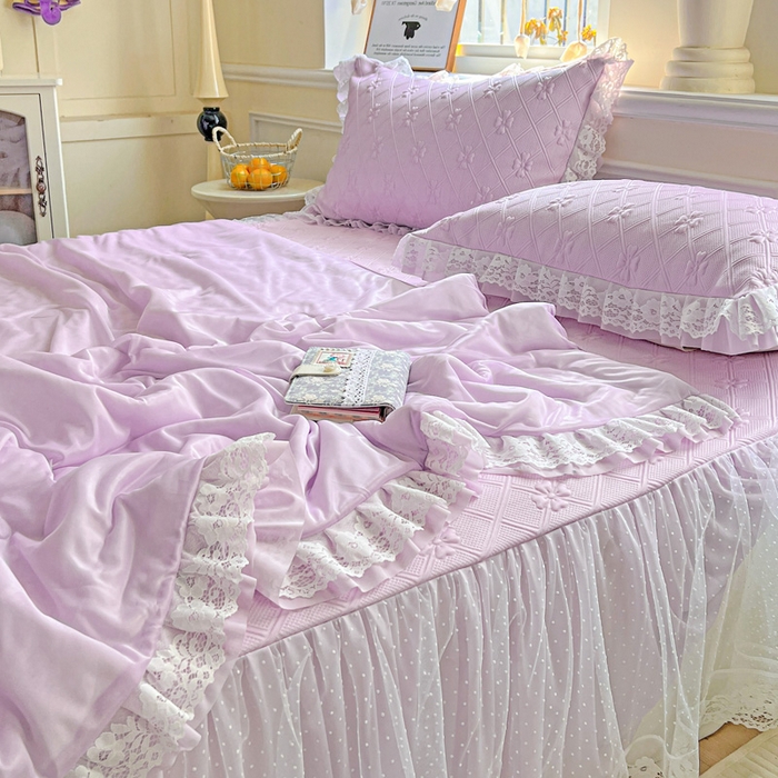 91家纺网 家纺一手货源 找家纺 创爱家纺 2025新款3D提花冰豆豆床裙款凉席夏被四件套 冰豆豆-紫