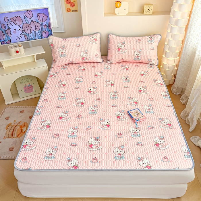 91家纺网 家纺一手货源 找家纺 柒月家居 2025新款小清新乳胶凉席 粉色猫咪