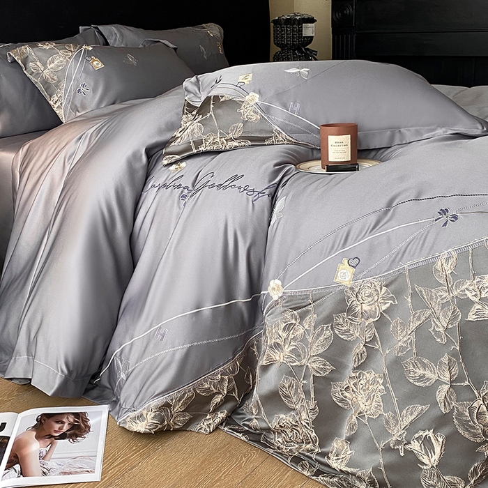 91家纺网 家纺一手货源 找家纺 优悦生活馆 2025新款冰丝浮雕绣花四件套 幽兰轻舞-深灰