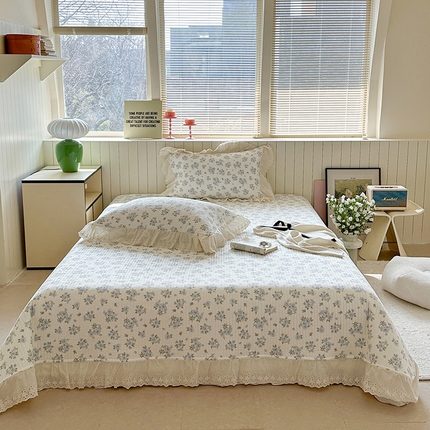 91家纺网 家纺一手货源 找家纺 （总）2025新款全棉双层纱法式花边印花款床盖三件套