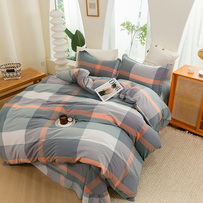 91家纺网 家纺一手货源 找家纺 喜四方 2025新款全棉色织水洗棉四件套 北欧风情（桔灰）