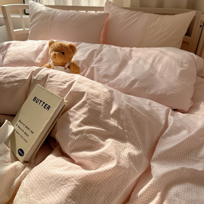 91家纺网 家纺一手货源 找家纺 顾里家纺 2025新款简约小资系列云感双层纱四件套 小粉格