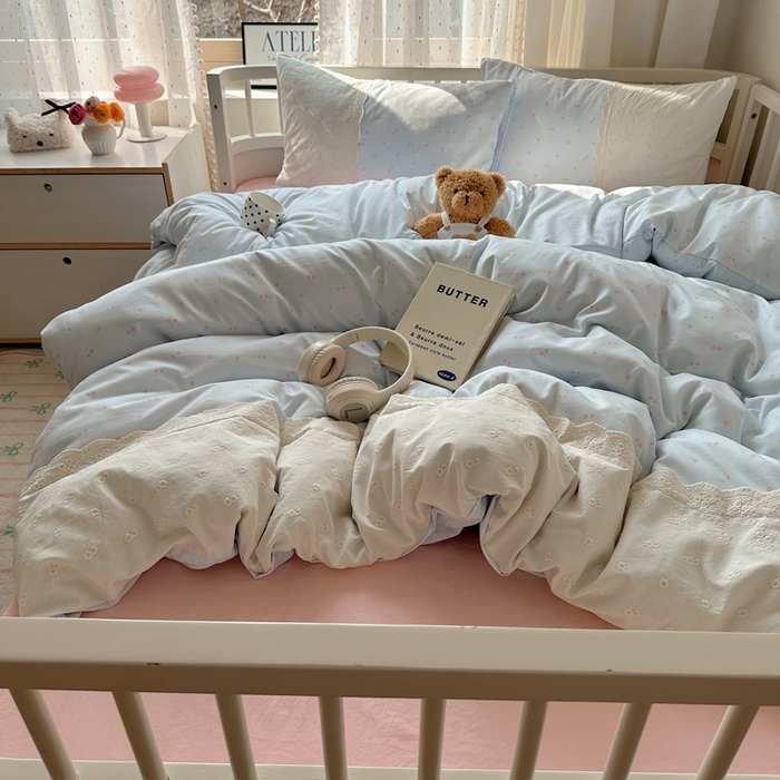 91家纺网 家纺一手货源 找家纺 顾里家纺 2025新款简约小资系列云感双层纱四件套 蓝粉樱桃