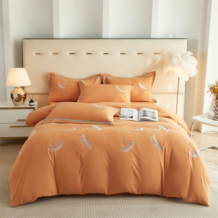 佳宇轩 2025爆款水洗棉五彩刺绣四件套简约轻奢织带绣花床单床笠被罩4件套-蜜羽 蜜羽-橘黄