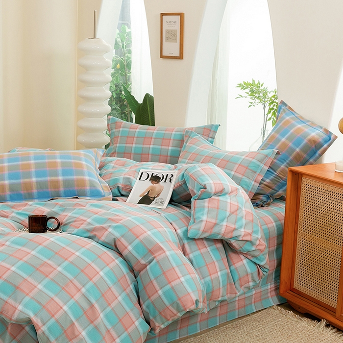 91家纺网 家纺一手货源 找家纺 喜四方 2025新款全棉色织水洗棉四件套 思域（绿）