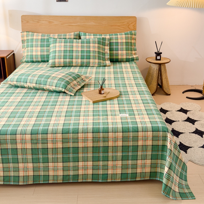 91家纺网 家纺一手货源 找家纺 仟网汇 2025新款活性印染无印纽扣原棉老粗布三件套 绿小格