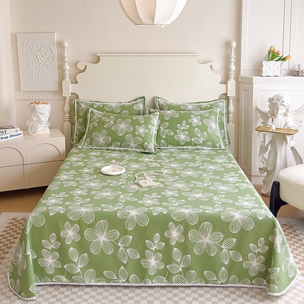 仟网汇 2025全棉老粗布蕾丝花边三件套（无纺布手提包装） 绿色大花