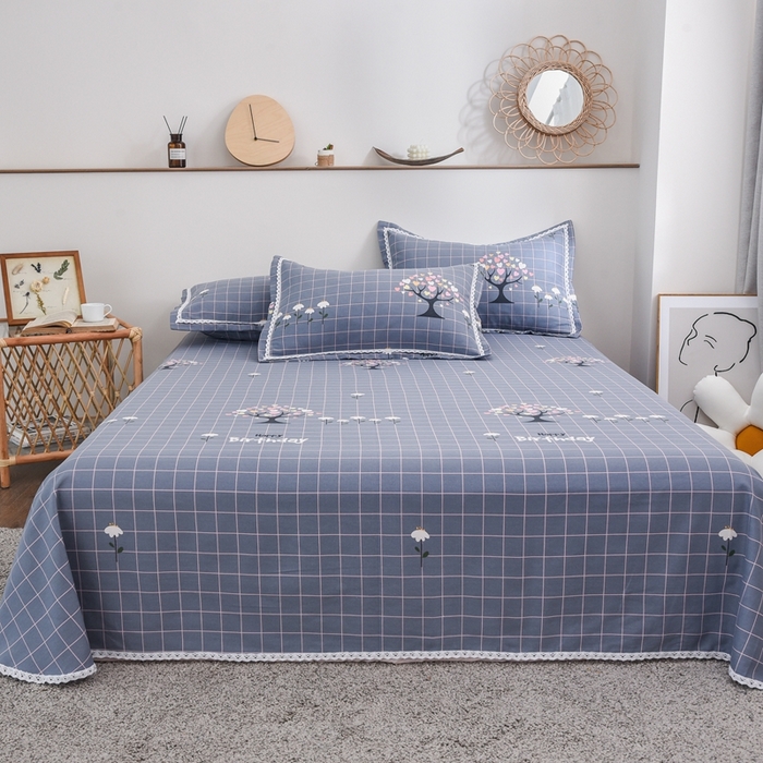 91家纺网 家纺一手货源 找家纺 仟网汇 2025全棉老粗布蕾丝花边三件套（无纺布手提包装） 发财树蓝灰