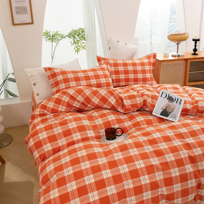 91家纺网 家纺一手货源 找家纺 喜四方 2025新款全棉色织水洗棉四件套 罗兰（桔）