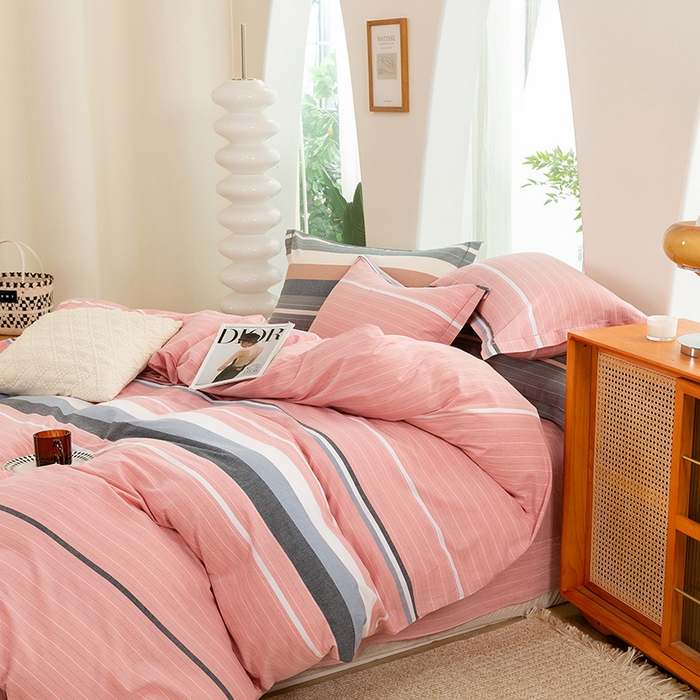 91家纺网 家纺一手货源 找家纺 喜四方 2025新款全棉色织水洗棉四件套 慢生活（粉）